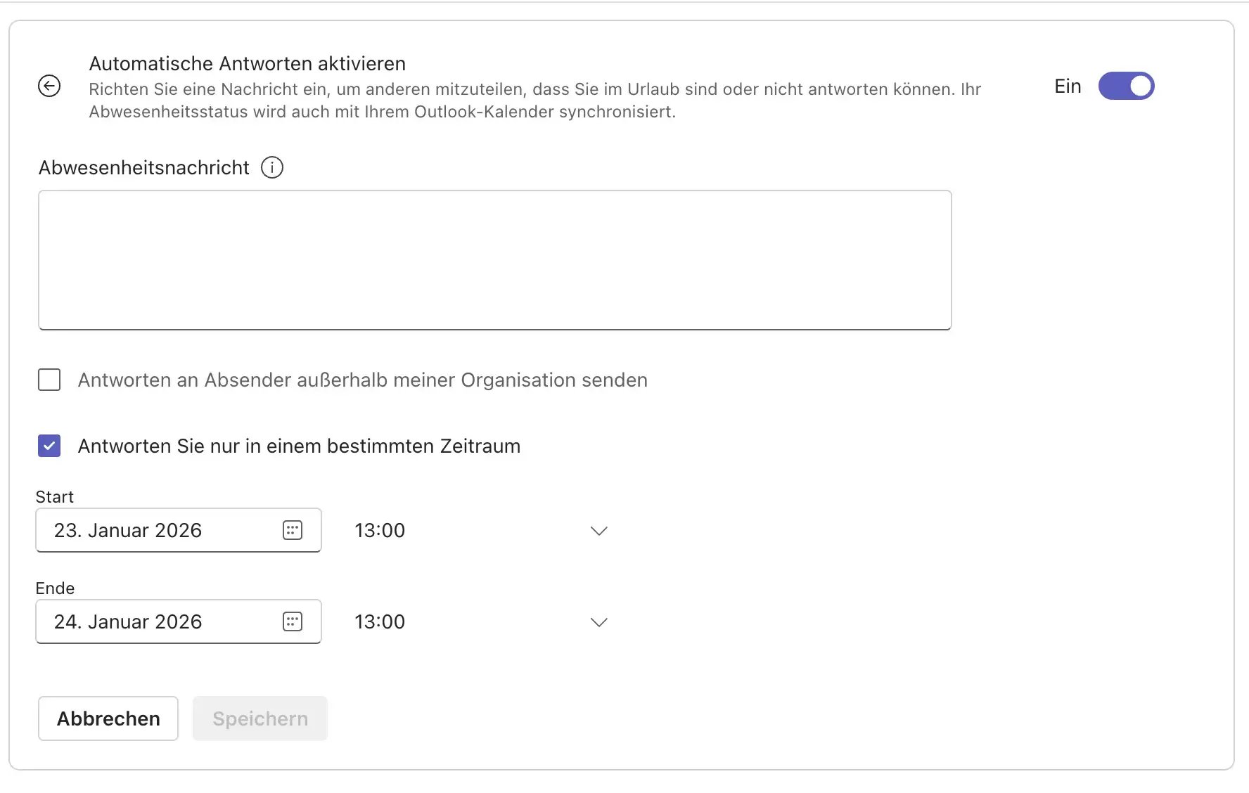 Maske für Abwesenheitsnotizen in Microsoft Teams