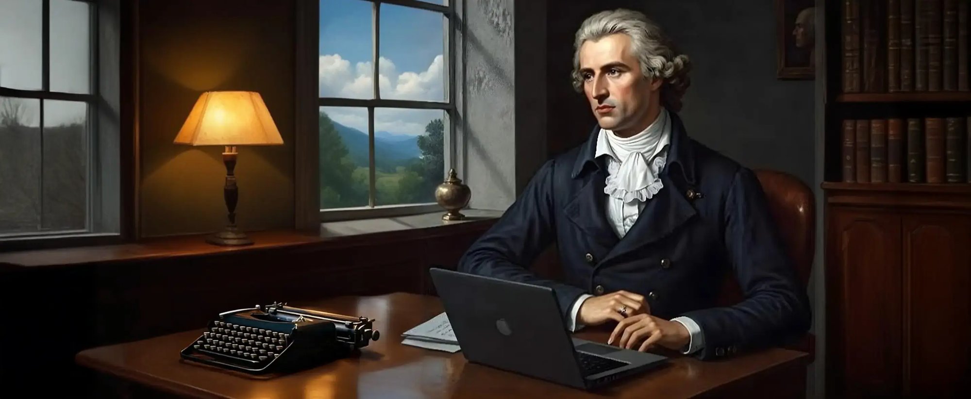Das KI-generierte Bild zeigt Friedrich Schiller vor einem Laptop