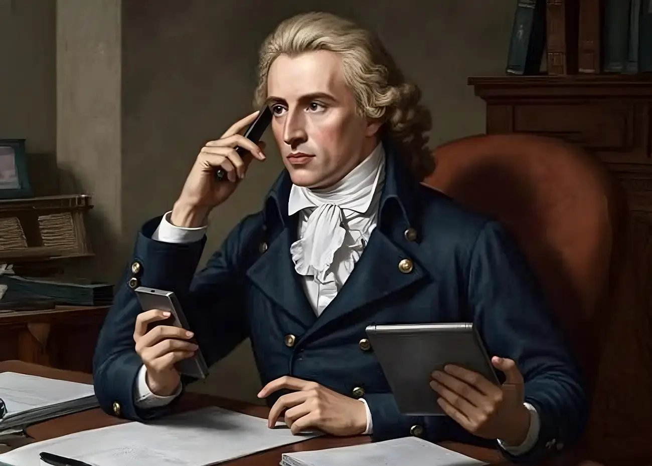 Das KI-Bild zeigt Friedrich Schiller mit vier Armen und Smartphone und Tablet in den Händen