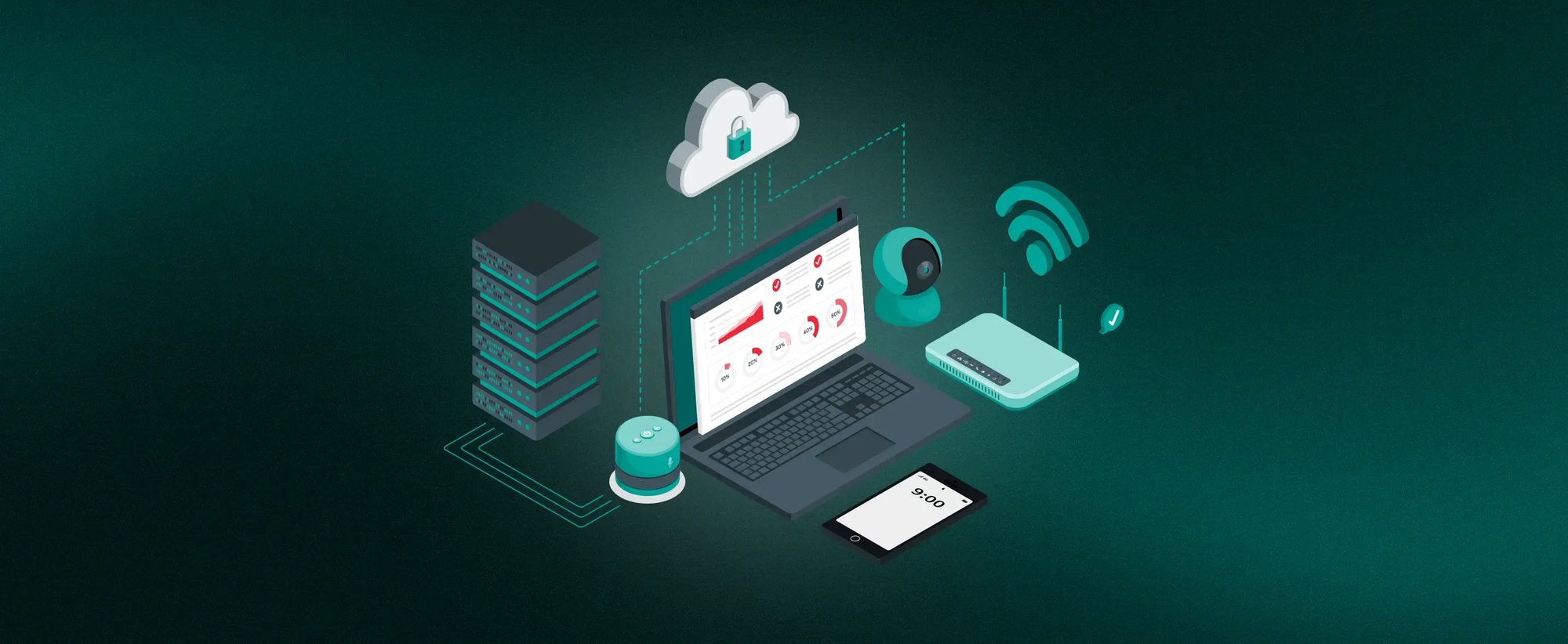 Eine grüne Illustration einer vielseitigen Arbeitsumgebung, die mit Passkeys sicherer wird