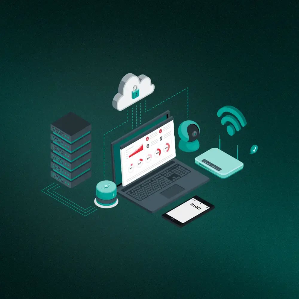 Grüne Illustration einer vielseitigen Arbeitsumgebung, die mit Passkeys sicherer wird