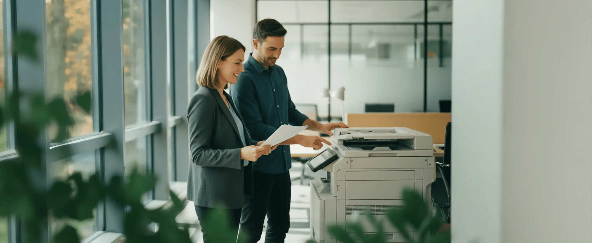 Ein Mann und eine Frau stehen vor einem Drucker, nachdem sie via Cloud ihre Dokumente ausgedruckt haben (KI-generiert)