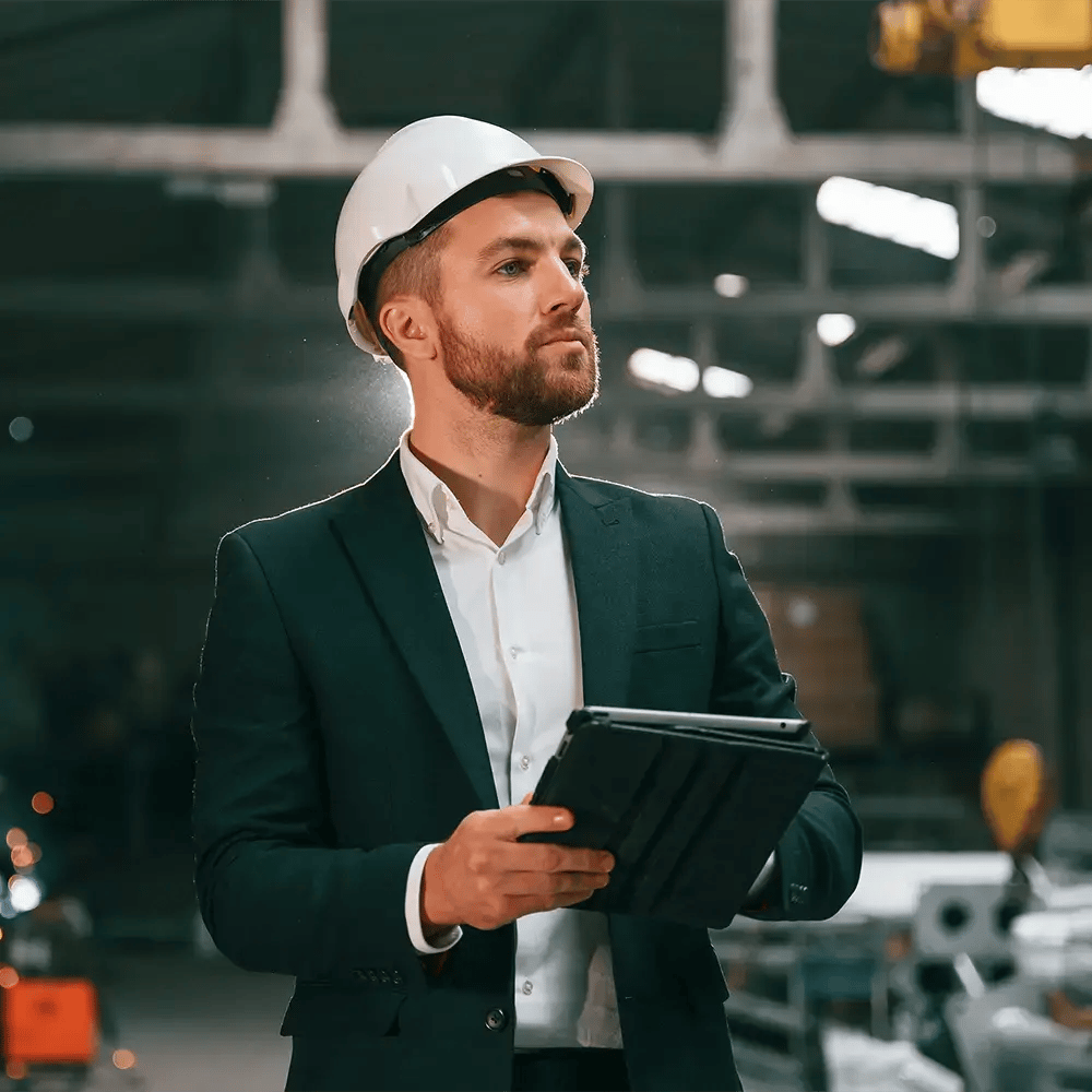 Ein IT-Manager mit einem Tablet überwacht in einer Produktionshalle den IT-Carve-out