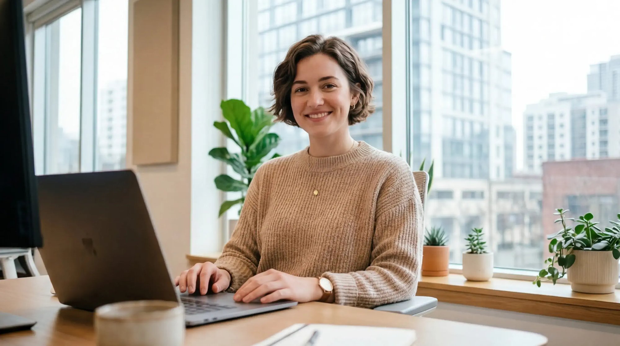 Eine Frau sitzt an einem Laptop und lächelt in die Kamera
