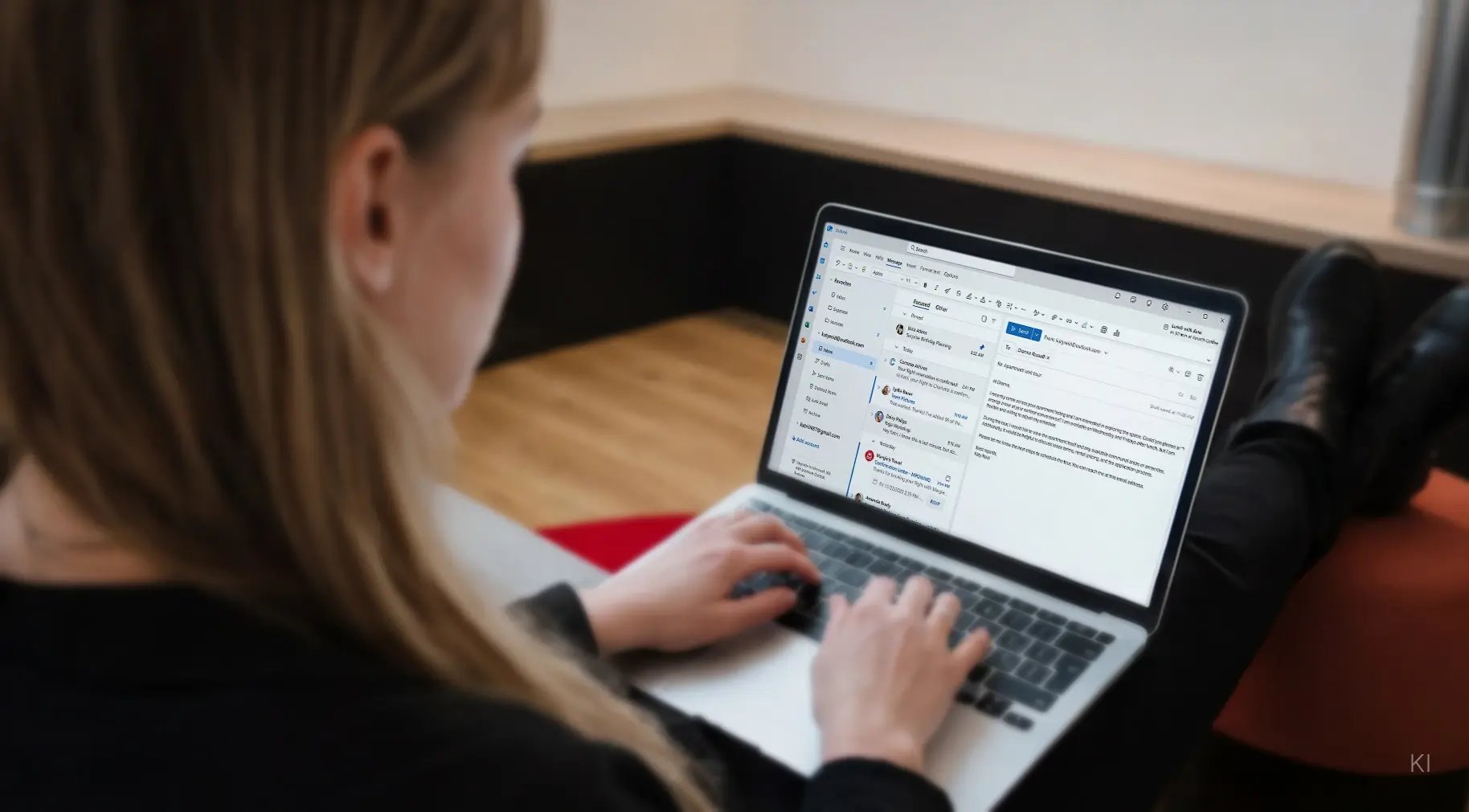 Eine junge Frau arbeitet mit Microsoft Outlook