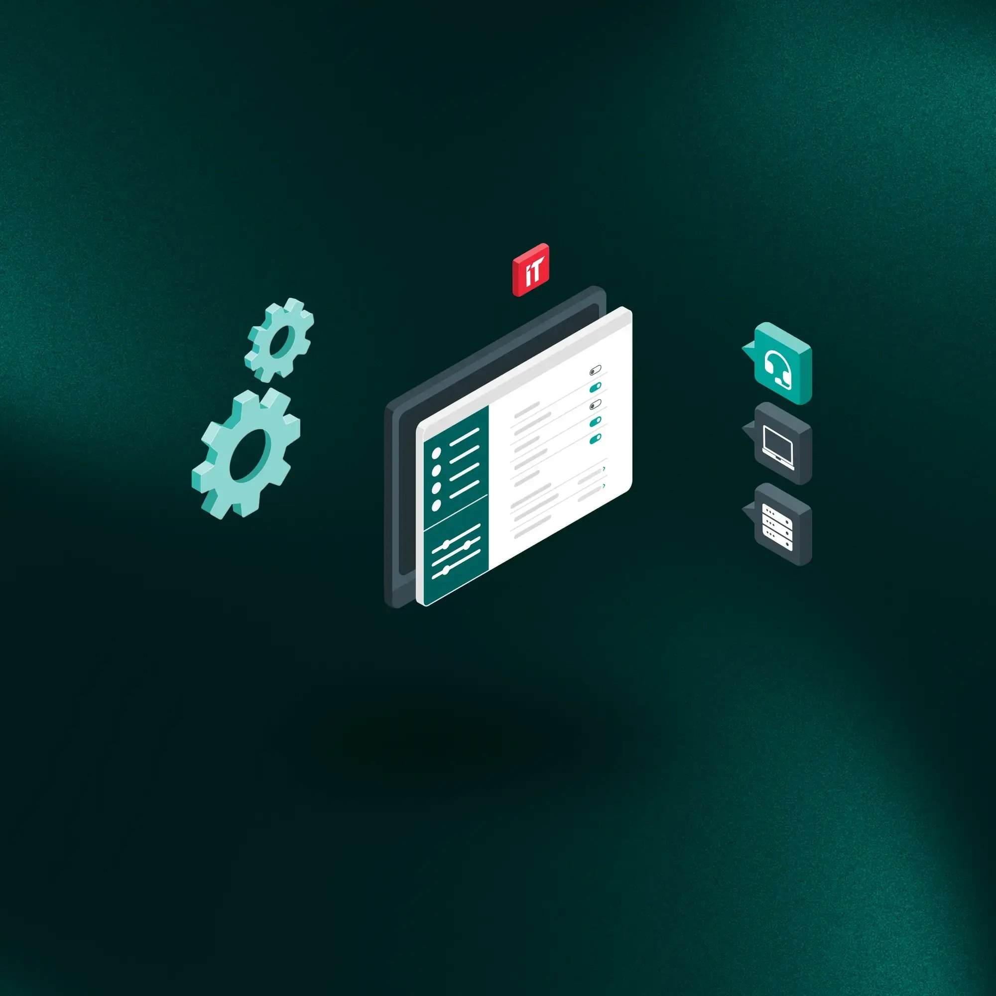 Illustration eines IT-Konfigurators mit Zahnrädern, Bildschirm und Symbolen auf grünem Hintergrund.